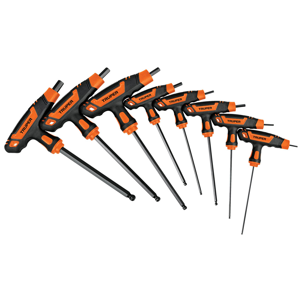 Juego de 8 llaves allen mango T, punta de bola,2 a 10 mm