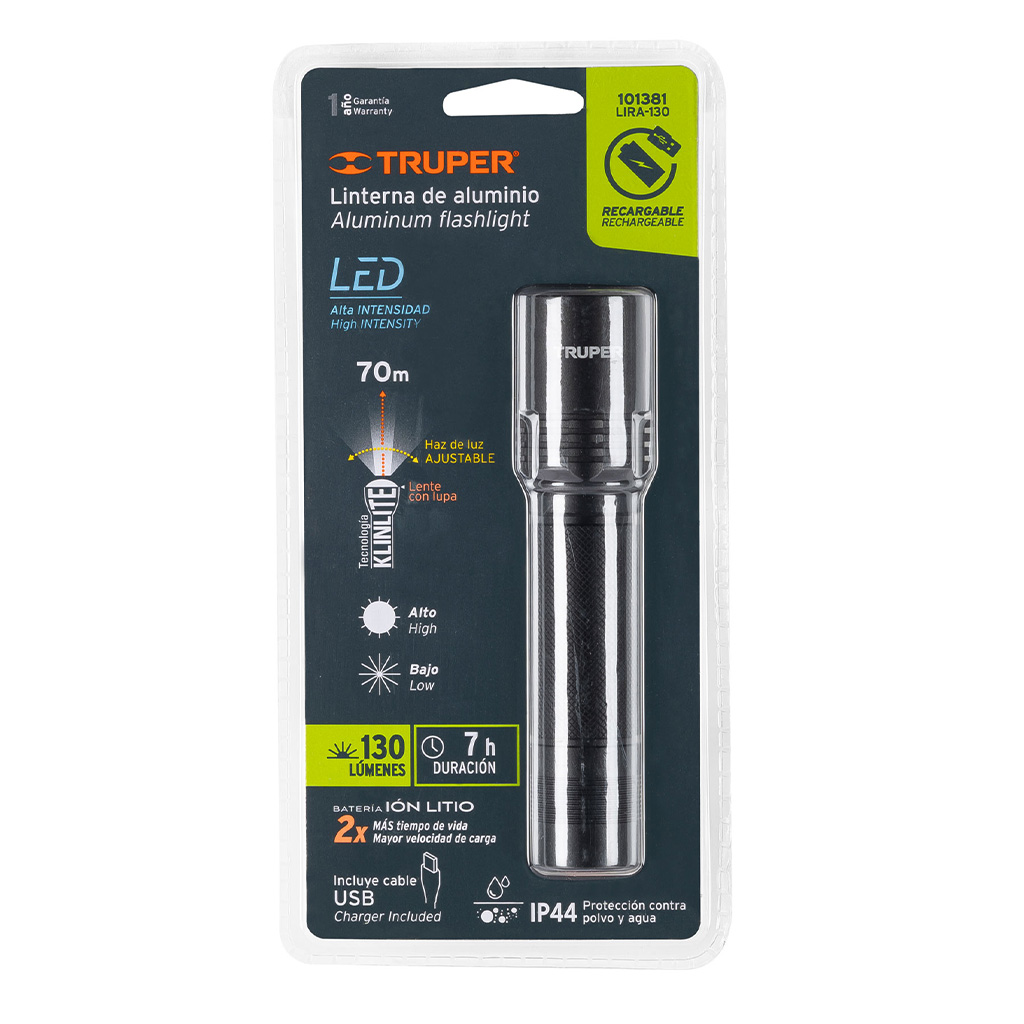 Linterna LED recargable de aluminio, 130 lúmenes