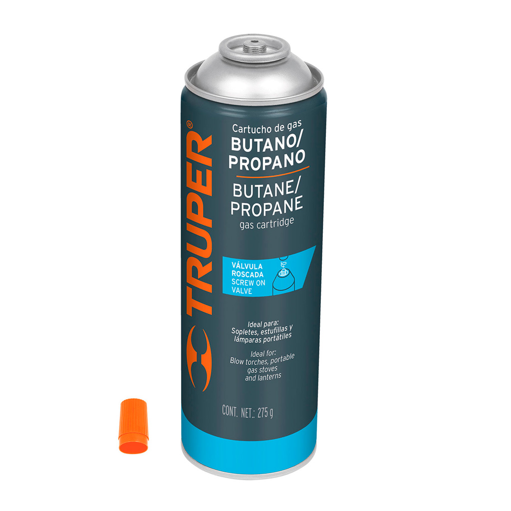 Lata de gas butano con válvula roscada, lata de 275 gr