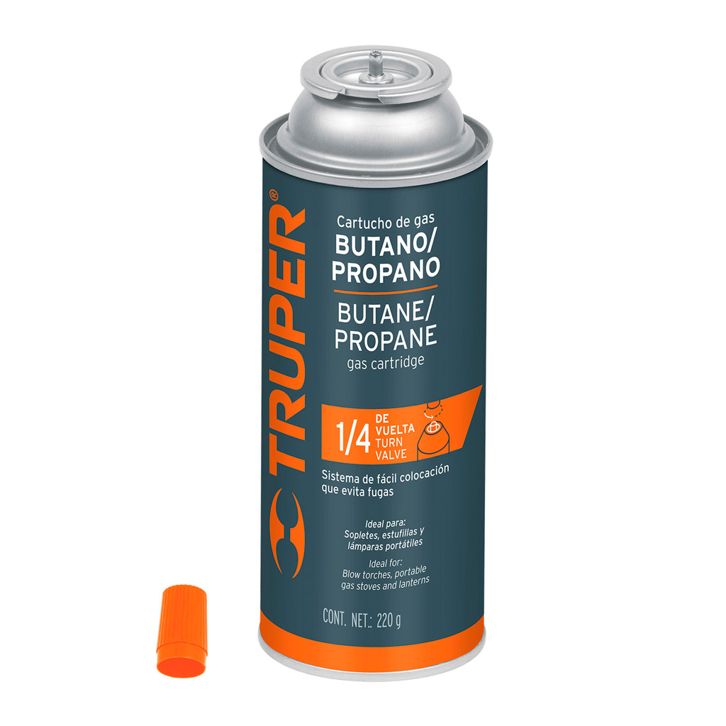 Lata de gas butano, lata de 220 gr, 1/4 de vuelta