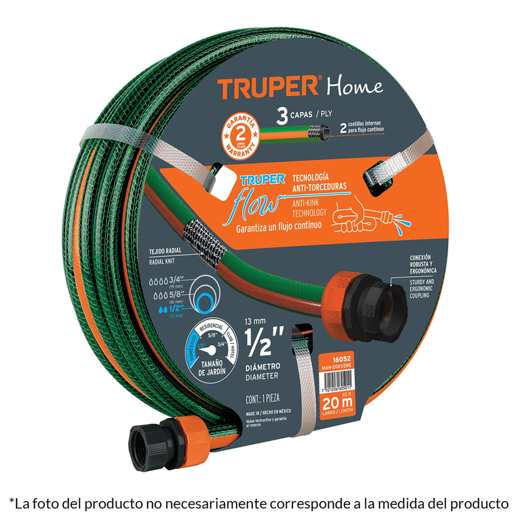Manguera 1/2',reforzada, 3 capas, conexiones plásticas, 15 m